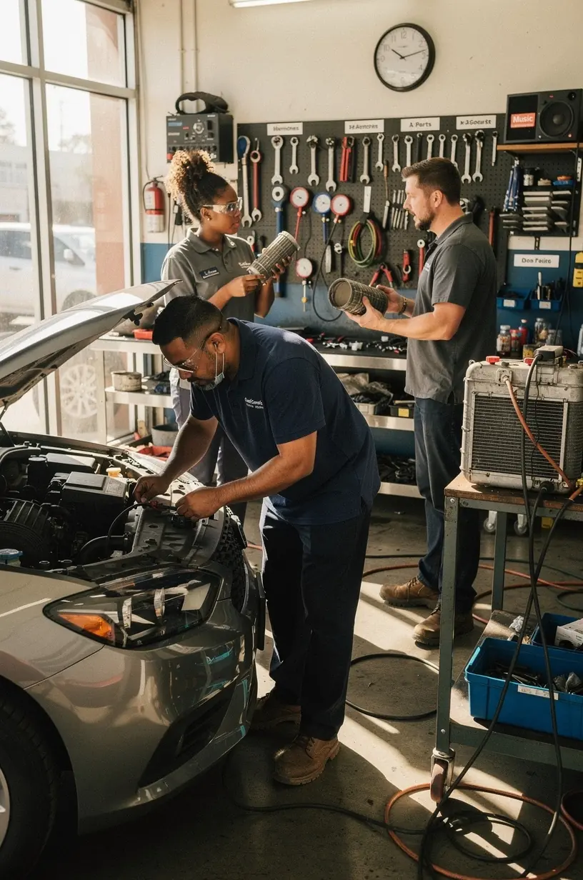 Technician recharging vehicle air conditioning refrigerant for optimal cooling efficiency.